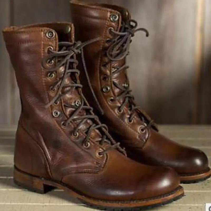 Raquel | Botas Militares de Piel con Cordones de Caña Media